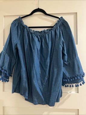 Denim-Blue Off-the-Shoulder Pom-Pom Sleeve Blouse